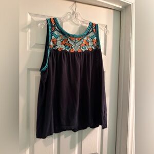 Embroidered Navy, Turquoise, and Orange Women's Top 2X